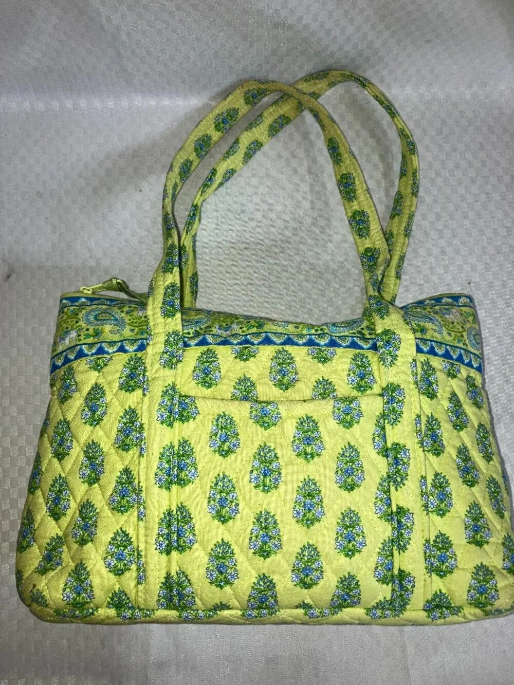 Vera Bradley Quilted Tote Bag Women Yellow Blue Floral Cotton Zip Shoulder Purse